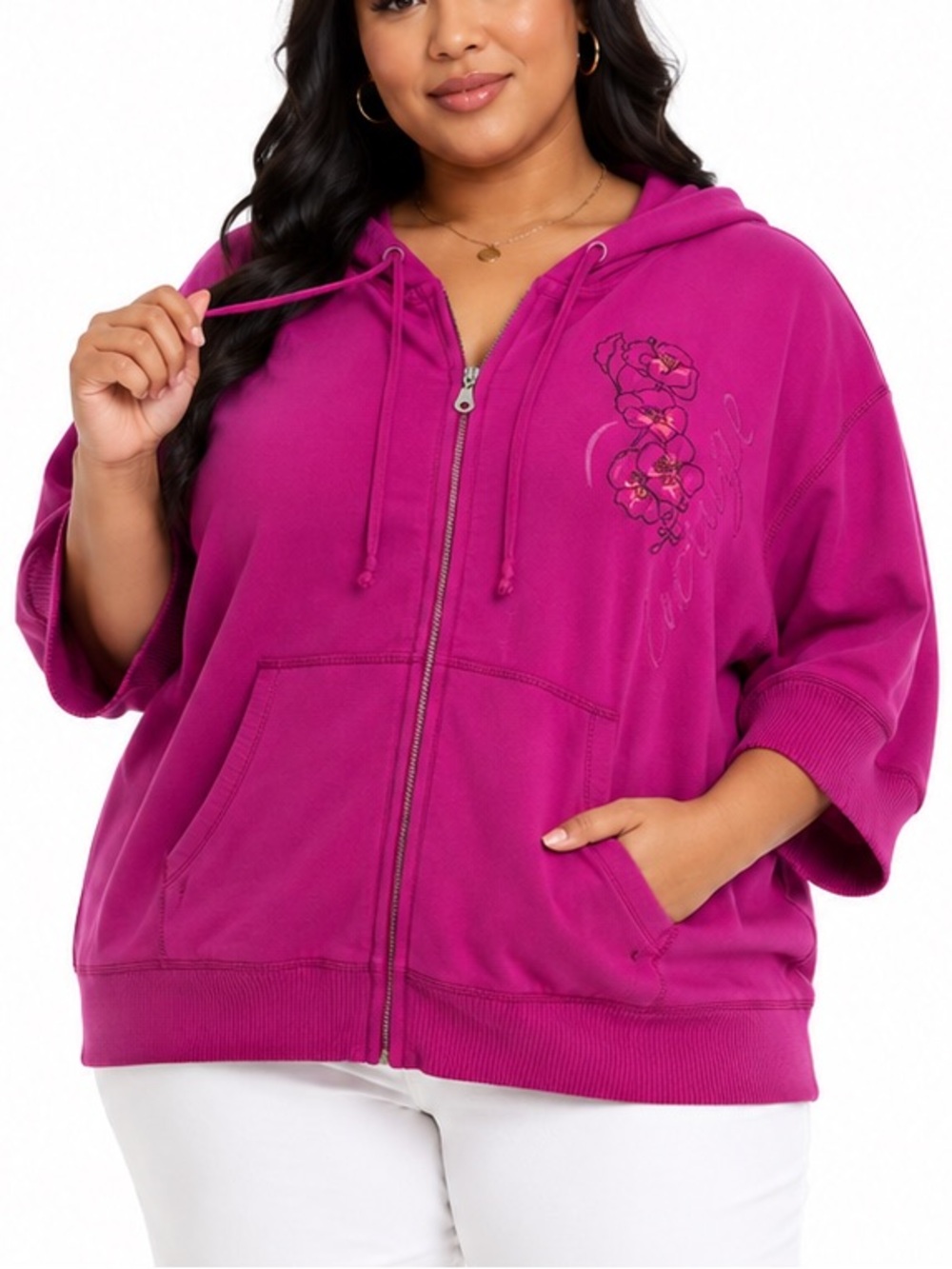 Sonoma Plus-Size Magenta Zip-Front Hoodie with Embroidered Detail